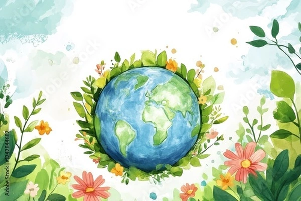 Fototapeta A vibrant watercolor illustration of Earth surrounded by lush greenery and colorful flowers, symbolizing the beauty of nature and environmental awareness.
