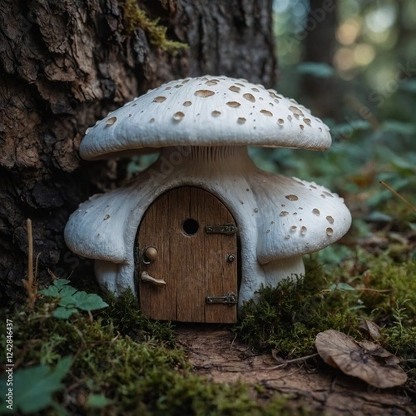 Fototapeta A charming white mushroom with a tiny wooden door, home to a fairy.