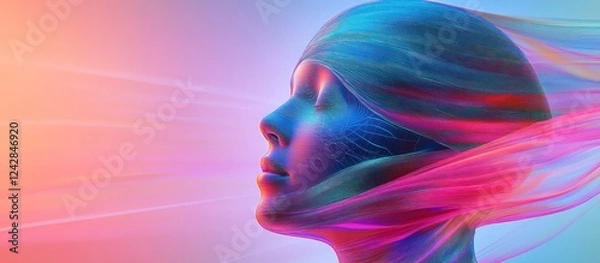 Fototapeta Neon woman, flowing fabric, digital art, light rays, website banner
