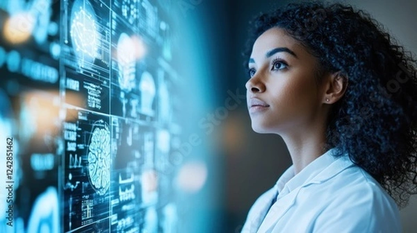 Fototapeta Scientist studies brain scans on futuristic screen