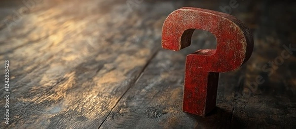 Fototapeta Rustic red question mark on wood, background blurred