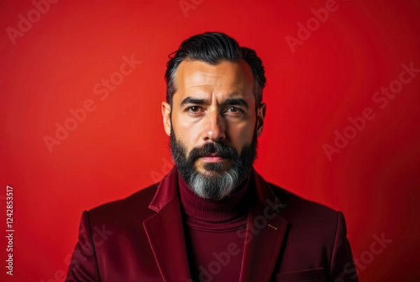 Fototapeta A bearded man wearing a red suit and turtleneck poses against a red background.