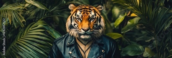 Fototapeta Person wearing a tiger mask stands confidently among lush green tropical foliage. Generative AI