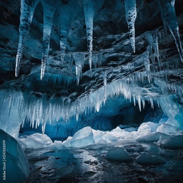 Fototapeta A majestic ice cave with shimmering blue and white icicles hanging from the ceiling.