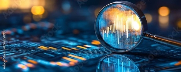 Obraz Magnifying glass showing data analysis on digital background