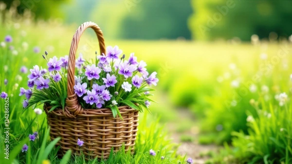 Fototapeta Close-up of a basket full of violet flowers on green grass, blurred background with space for text