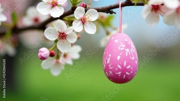 Fototapeta Banner with empty space close-up of a pink Easter egg hanging on a flowering tree against a background of blue sky and green grass, Easter concept