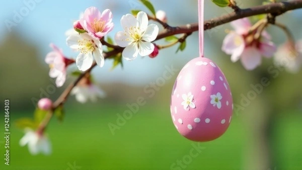 Fototapeta Banner with empty space close-up of a pink Easter egg hanging on a flowering tree against a background of blue sky and green grass, Easter concept