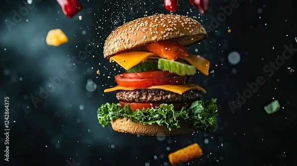 Fototapeta A deconstructed cheeseburger with floating ingredients against a dark background.