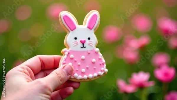 Fototapeta Close-up in hand a gingerbread cookie in the form of a easter bunny with pink and white glaze,  blurred green grass on background