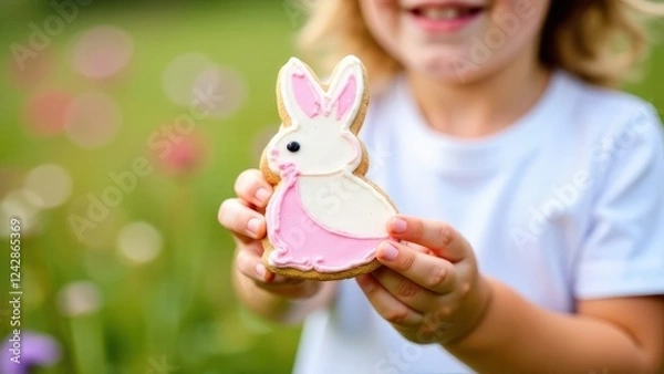 Fototapeta Close-up a happy girl in a white t-shirt holds in hand gingerbread cookie in the form of a easter bunny with pink and white glaze, blurred green grass on background