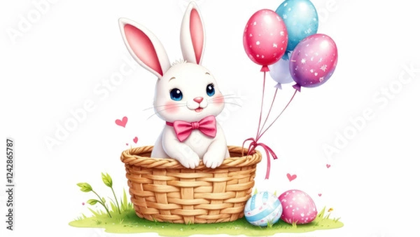 Fototapeta A bunny with a pink bow on his neck sits in a basket with pink balloons on a green lawn with Easter eggs
