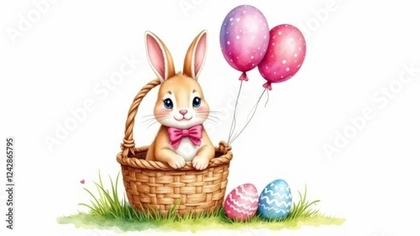 Fototapeta A bunny with a pink bow on his neck sits in a basket with pink balloons on a green lawn with Easter eggs