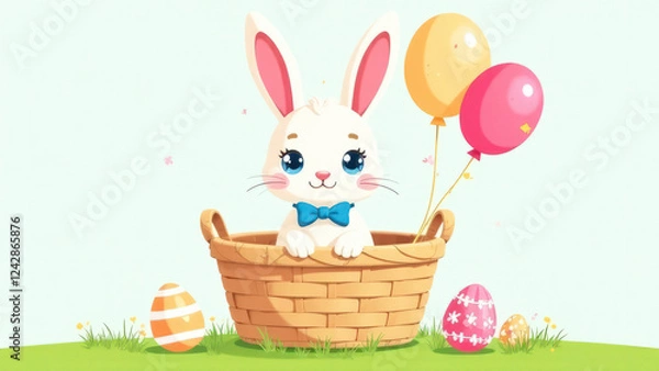 Fototapeta Illustration of a bunny with a blue bow on his neck sits in a basket with orange and pink balloons on a green lawn with Easter eggs