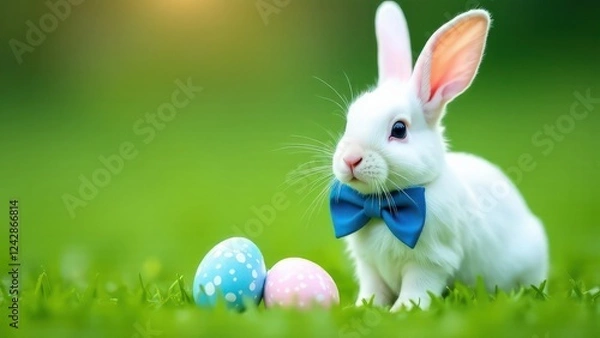 Fototapeta A cute Easter white bunny with a blue bow on his neck sits on green grass, Easter eggs lie nearby, blurred background