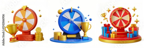 Fototapeta set of 3d cartoon icon of spinning fortune wheel for promotion events isolated on white background. 300dpi