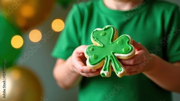 Fototapeta Close-up of child in a green T- shirt holding shamrock cookies with green icing, balloons in the background, concept Saint Patrick's Day 