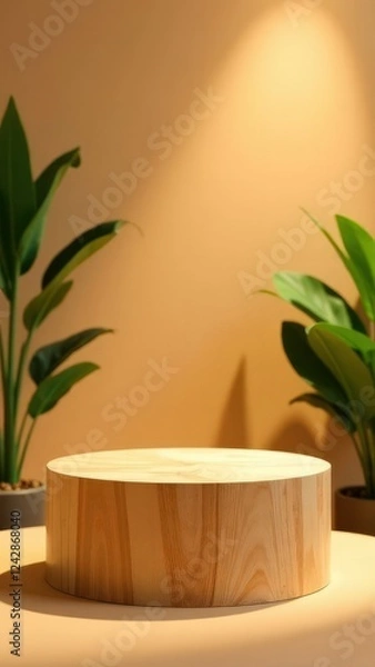 Fototapeta Vertical product mockup with wooden podium, spotlight shining on the podium, background with beige wall plants