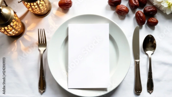 Fototapeta Mock up white card with a place for menu text lies on a white plate, on a white tablecloth, dates, Muslim lanterns nearby, Ramadan Iftar concept