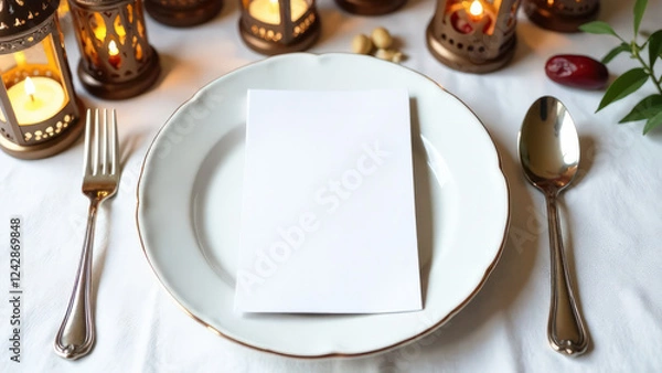 Fototapeta Mock up white card with a place for menu text lies on a white plate, on a white tablecloth, dates, Muslim lanterns nearby, Ramadan Iftar concept
