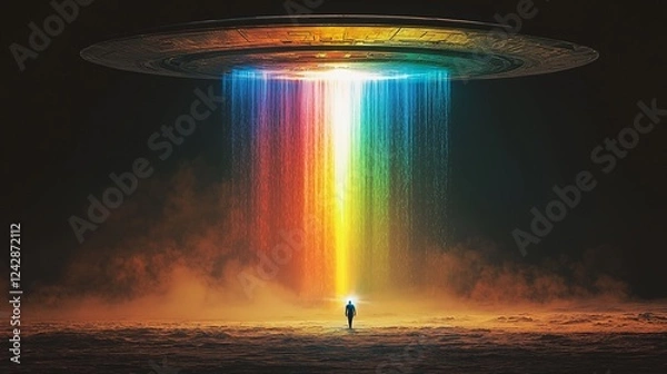 Obraz Mysterious UFO Emitting Colorful Light in an Enigmatic Landscape