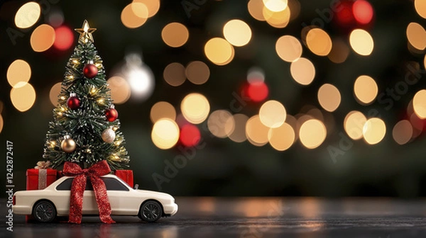 Fototapeta festive Christmas scene featuring miniature tree on toy car, adorned with decorations and gifts, creating joyful holiday atmosphere