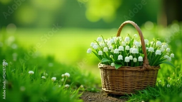 Fototapeta Сlose-up of a straw basket full of lily of the valley flowers stands on a green spring clearing in the forest, blurred background
