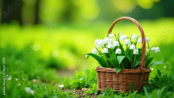 Fototapeta Сlose-up of a straw basket full of lily of the valley flowers stands on a green spring clearing in the forest, blurred background