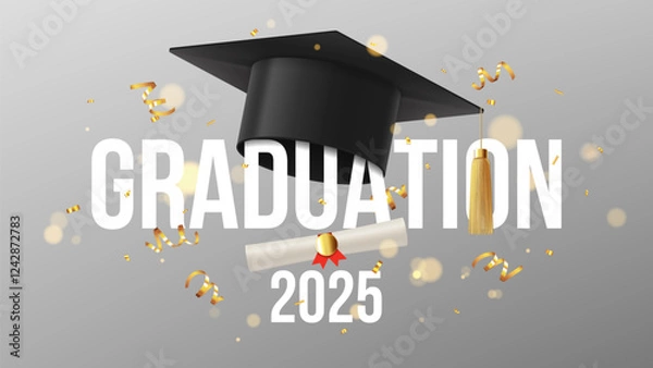Obraz Modern banner for graduation 2025. Vector illustration with graduation cap and scroll, confetti, serpentine. Graduation card for decoration social media, poster, degree ceremony, party.