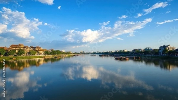 Fototapeta Serene Reflection on the Perfume River, Hue, Vietnam