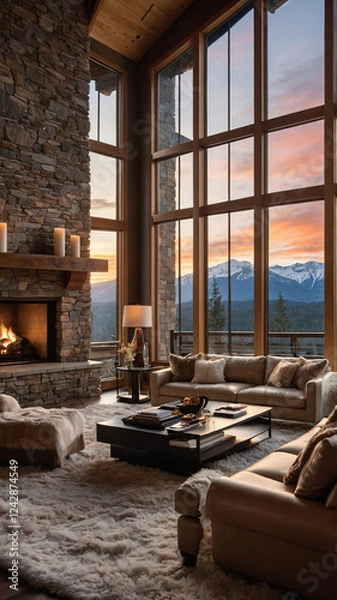 Fototapeta Beautiful rustic living room with beige sofa stone accents glowing fireplace and large windows framing scenic snowy mountains at golden hour  Interior Design Inspiration