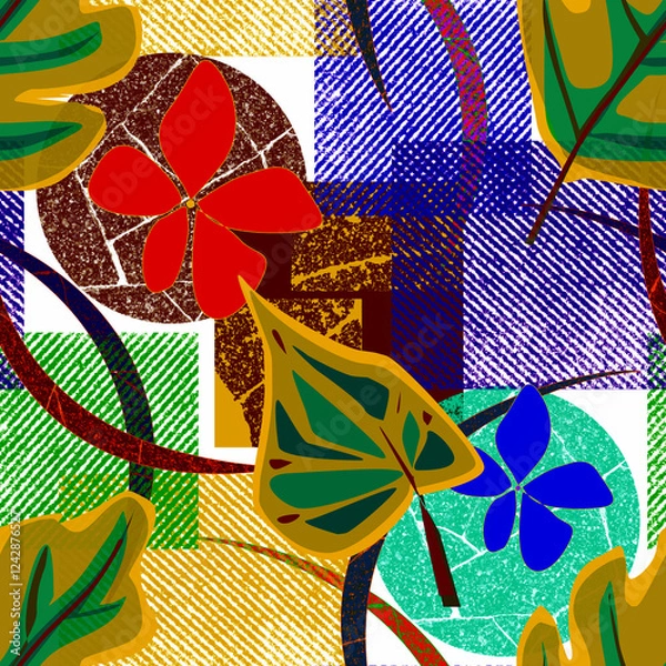 Fototapeta Abstract multicolored textured pattern with shapes, flowers and leaves.