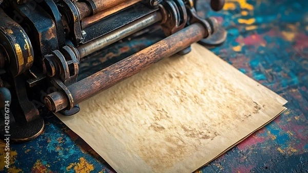 Fototapeta Close up of an old printing press with paper isolated on a colorful background