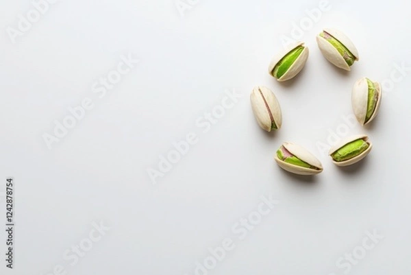 Fototapeta Detailed pistachio with a cracked shell revealing its fresh green kernel, clean and minimal design on a white background
