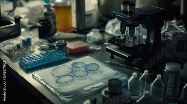 Fototapeta Lab research Microscope, samples, analysis, messy workspace, scientific discovery