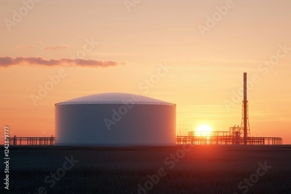 Obraz Expansive liquefied natural gas LNG facility with a giant storage tank, illuminated infrastructure, and an active flare stack against a hazy backdrop