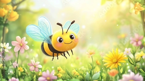 Fototapeta A delightful cartoon bee with transparent wings and a friendly smile is flying among colorful flowers