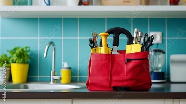 Fototapeta Plumber tool bag on kitchen counter near sink isolated on a colorful background
