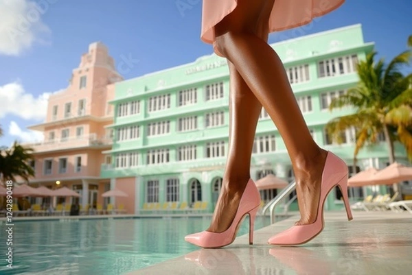 Fototapeta  A woman's stylish legs, adorned with elegant pink stilettos, step confidently towards a vibrant turquoise pool in a stunning Art Deco resort setting.