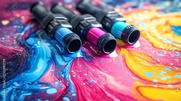 Fototapeta Printer inks high quality poster printing home studio isolated on a colorful background