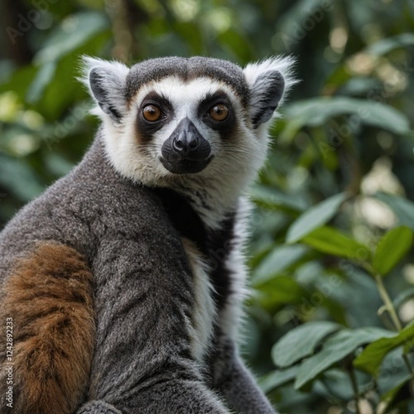 Fototapeta A lemur staring into the camera with lush greenery around.