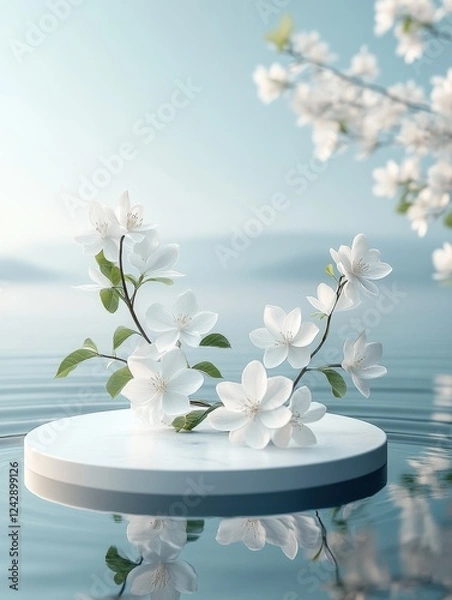 Fototapeta A white circular podium on the water, surrounded by blooming white flowers. The background is a light blue sky and a calm sea, suitable for product display or demonstration models.