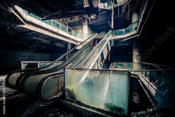 Fototapeta Dramatic view of damaged escalators in abandoned building. Apocalyptic and evil concept