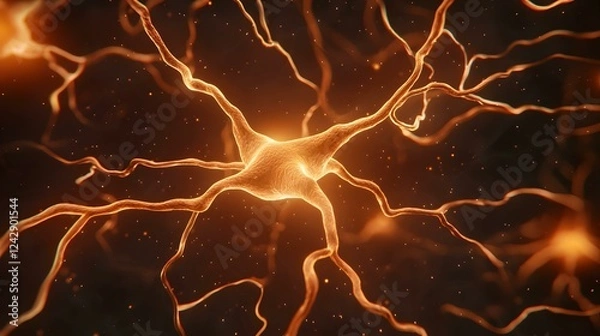 Fototapeta The image shows a neuron, a type of nerve cell, rendered in a glowing orange hue against a dark background, with its intricate network of dendrites and axon extending outward.