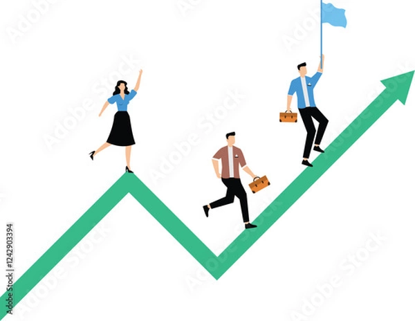Obraz Sustainable growth, long term success or growing business with winning strategy, improvement or steps to team success, productivity concept, business people employee step up sustained growth arrow