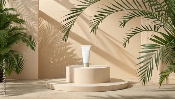 Fototapeta "Elegant Summer Podium Display: Minimalist 3D Stage with Abstract Light and Shadow for Natural Beauty Presentation"