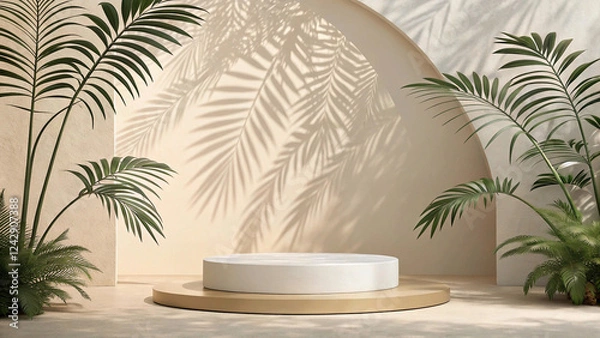 Fototapeta "Elegant Summer Podium Display: Minimalist 3D Stage with Abstract Light and Shadow for Natural Beauty Presentation"