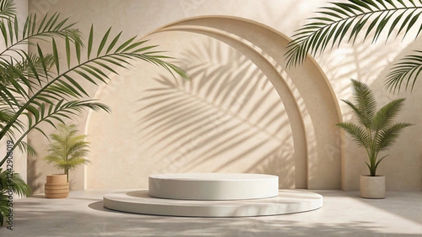 Fototapeta "Elegant Summer Podium Display: Minimalist 3D Stage with Abstract Light and Shadow for Natural Beauty Presentation"