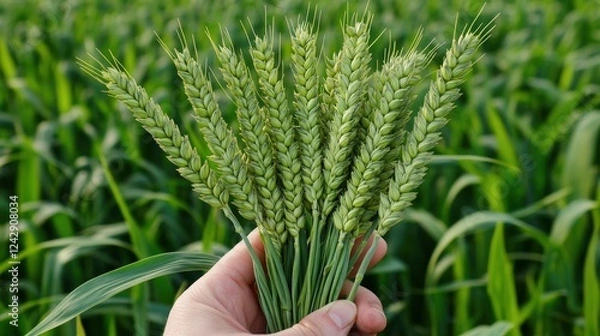 Fototapeta green wheat ears in hands. Selective focus