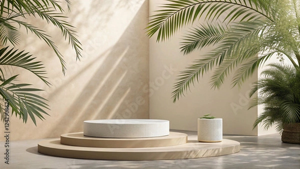 Fototapeta "Elegant Summer Podium Display: Minimalist 3D Stage with Abstract Light and Shadow for Natural Beauty Presentation"